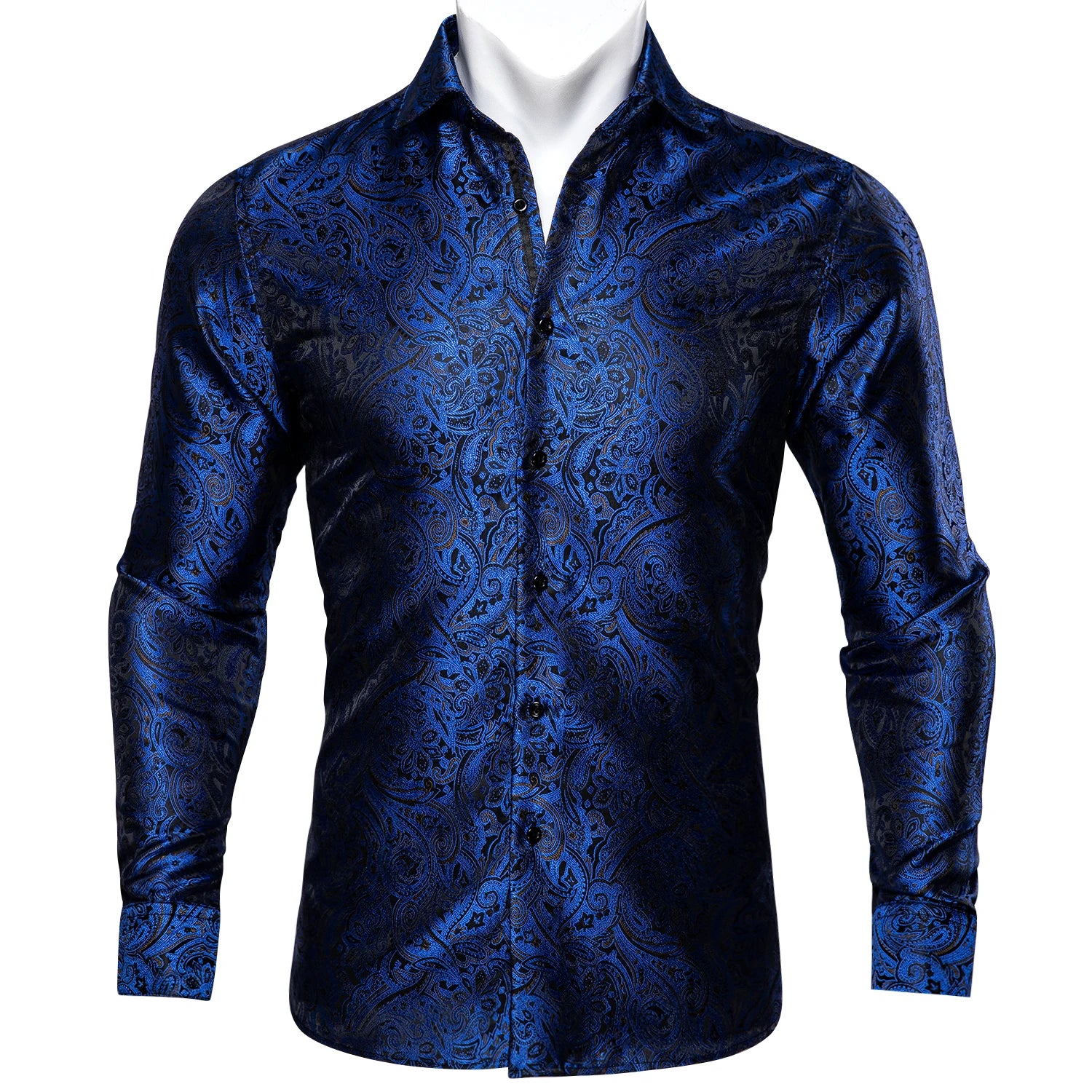 Hi-Tie Fashion Mens Silk Shirts Long Sleeve Gold Blue Paisley Jacquard Lapel Shirt Casual Formal Wedding Business Party Gifts Qme CY-1020 S