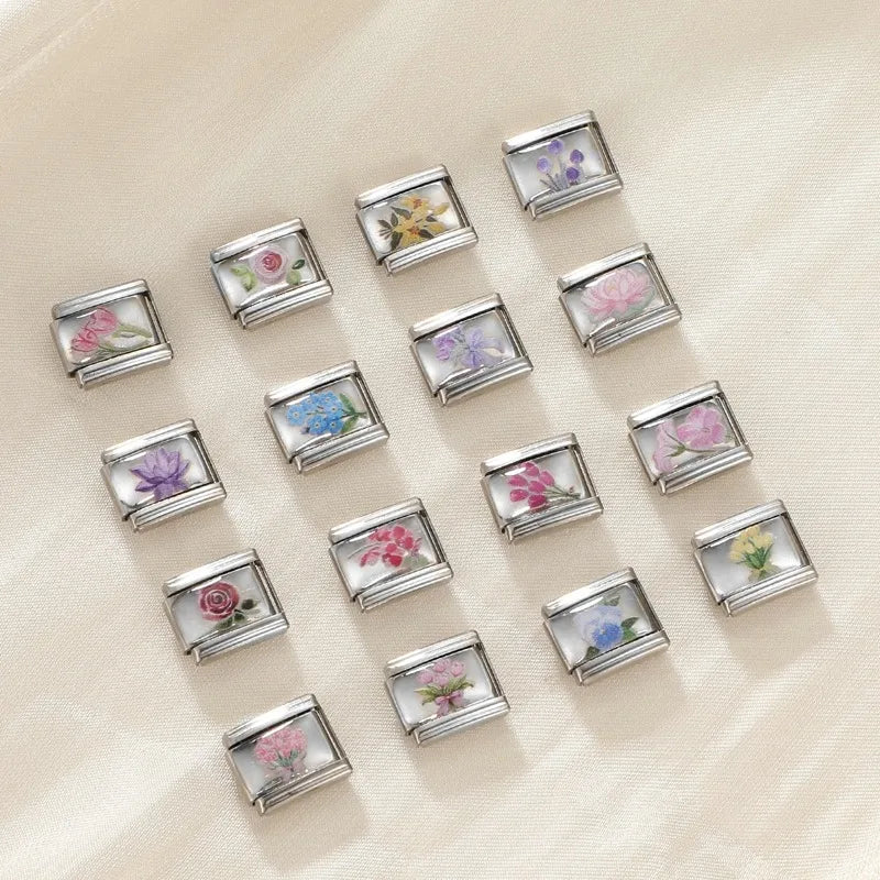 2026Fashion Pretty Colour Bow Cherry Flower Peach Blossom Charm Italian Links Fit 9mm Stainless Steel Bracelet Making DIYJewelry Qme