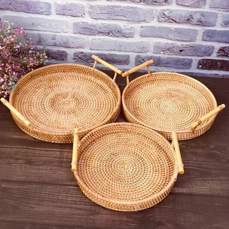 Woven Rattan Storage Basket with Strap Handle round Tray for Bread Snacks Fruits Picnic - Home Organization Basket Qme