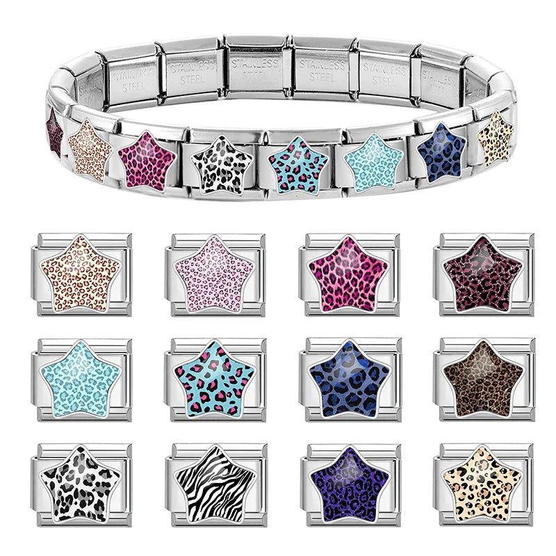 Trendy Zebra Pattern Star Leopard Print Purple Italian Charm Links Fit 9mm Stainless Steel Modular Bracelet DIY Making Jewelrys Qme