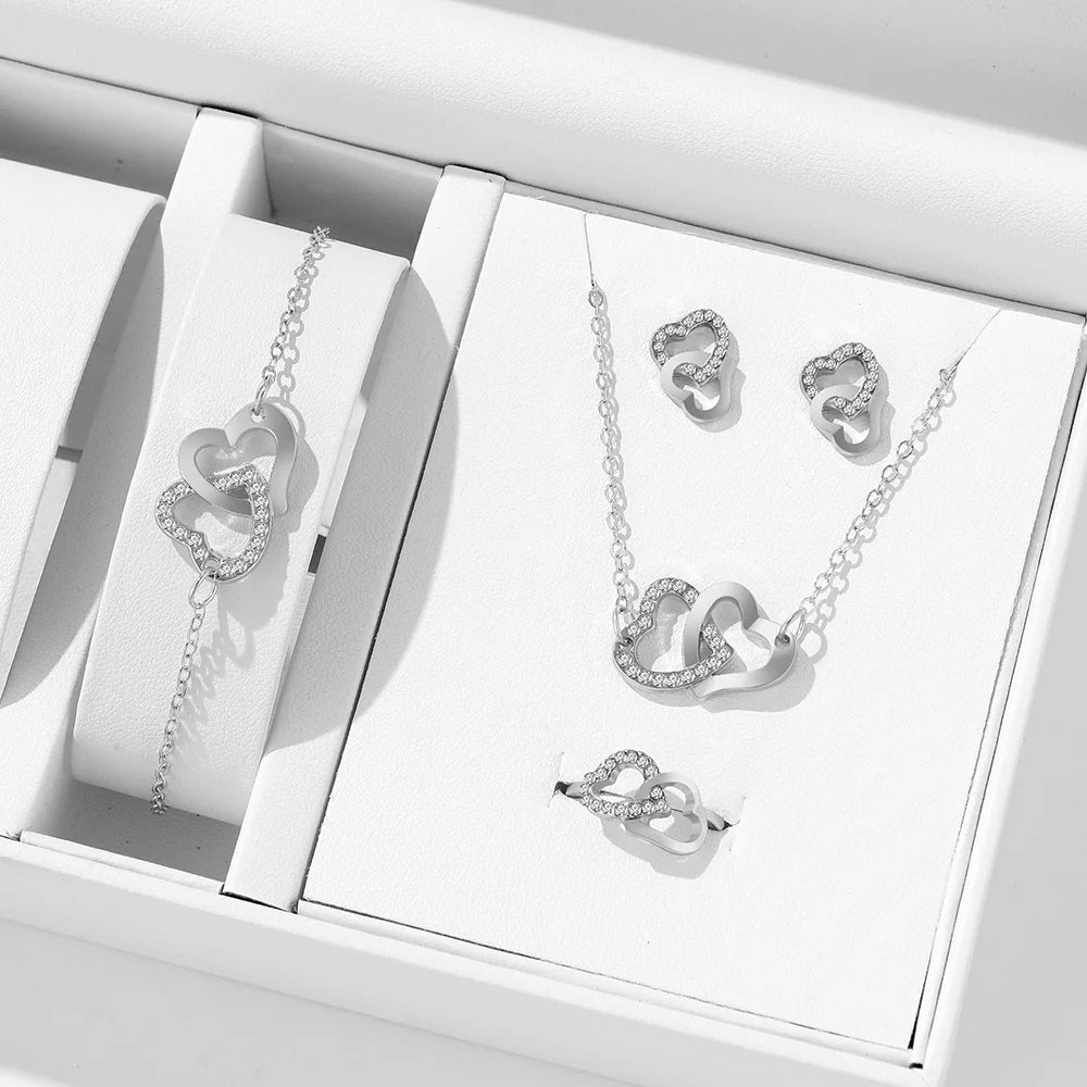 5-Piece wedding Fashionable &Exquisite Gold Rhinestone Heart Jewelry Set - Earrings, Necklace, Bracelet and Ring Combination Qme H168