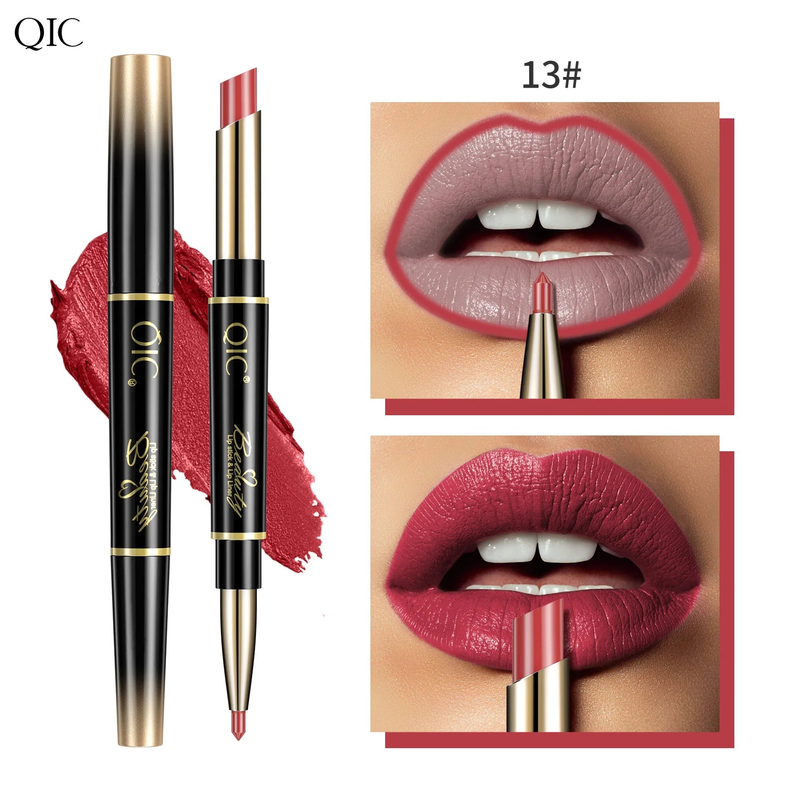 QIC Lipstick Lipliner Pen Matte Velvet Lip Liner Pencil Contour Makeup Sexy Red Lip Stick Long Lasting Cosmetics Qme Q909-13