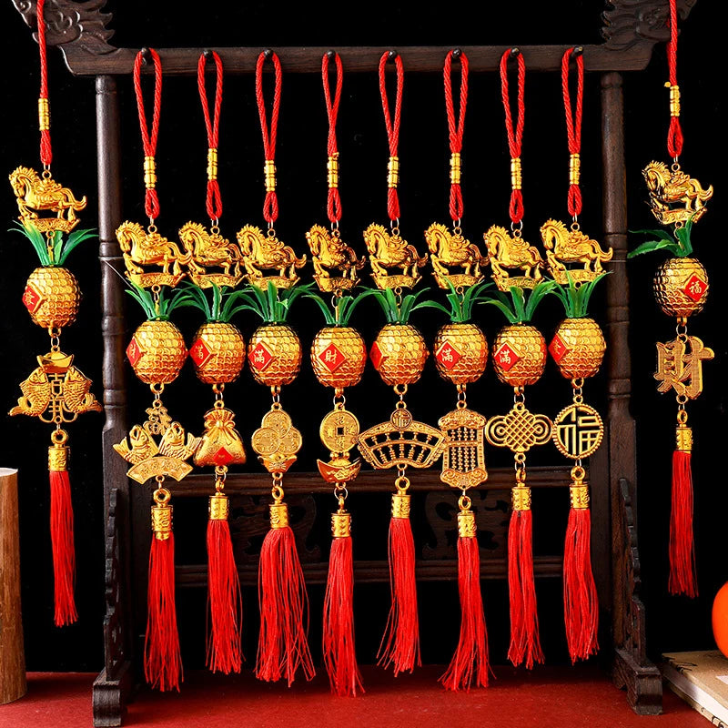 Chinese Year 2026 Celebration Decor Horse Red Gold Pineapple Hanging Qme