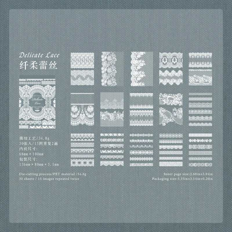 30 Pcs/book antique style hollow lace stickers DIY diary magazine manual decoration collage album scrapbook aesthetic stationery Qme F