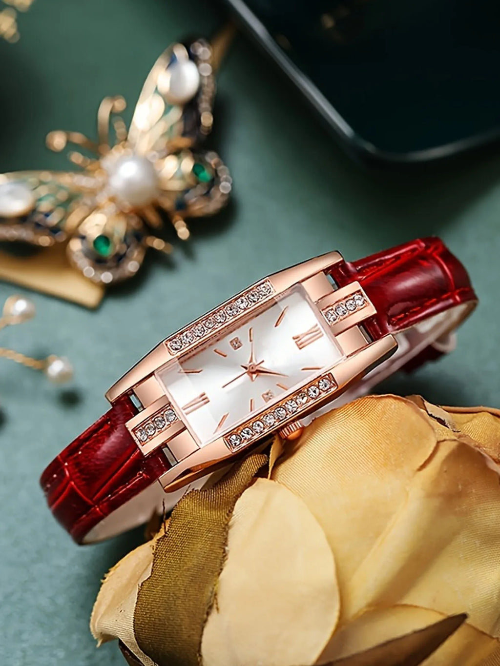 5Pcs/set Red Gold Feast - Ruby and Diamond Jewelry Watch Set Qme