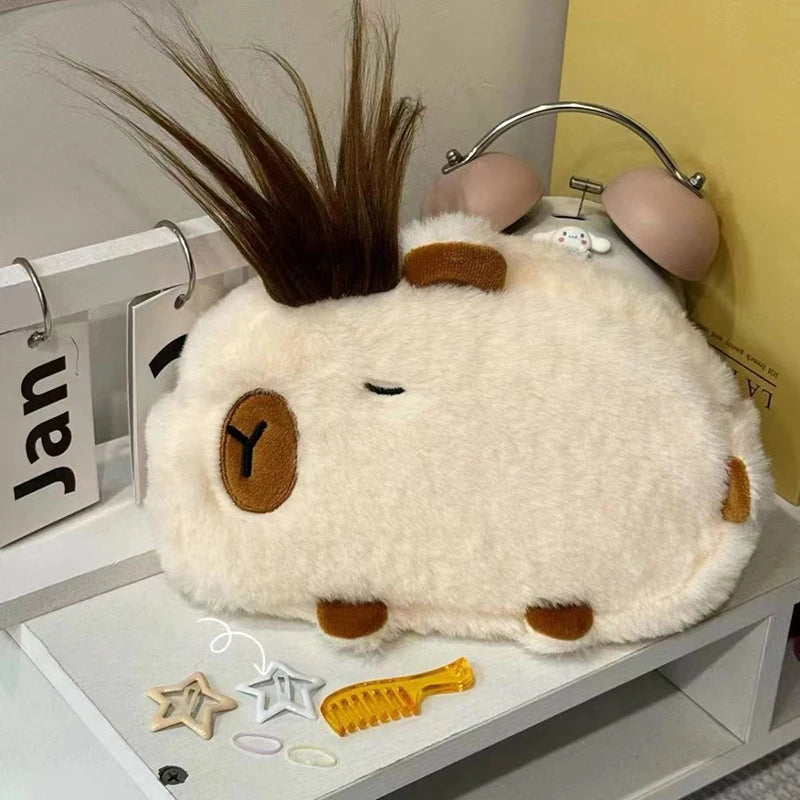 Kawaii Cartoon Creative Pencil Bag Student Capybara Plush Stationery Qme one size Beige