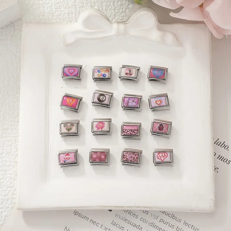 2026 Wholesale Women Fashion Pink Stars Leopard Print Italian Charm Fit 9mm Stainless Steel Bracelet Drop Shipping Gifts Jewelry Qme