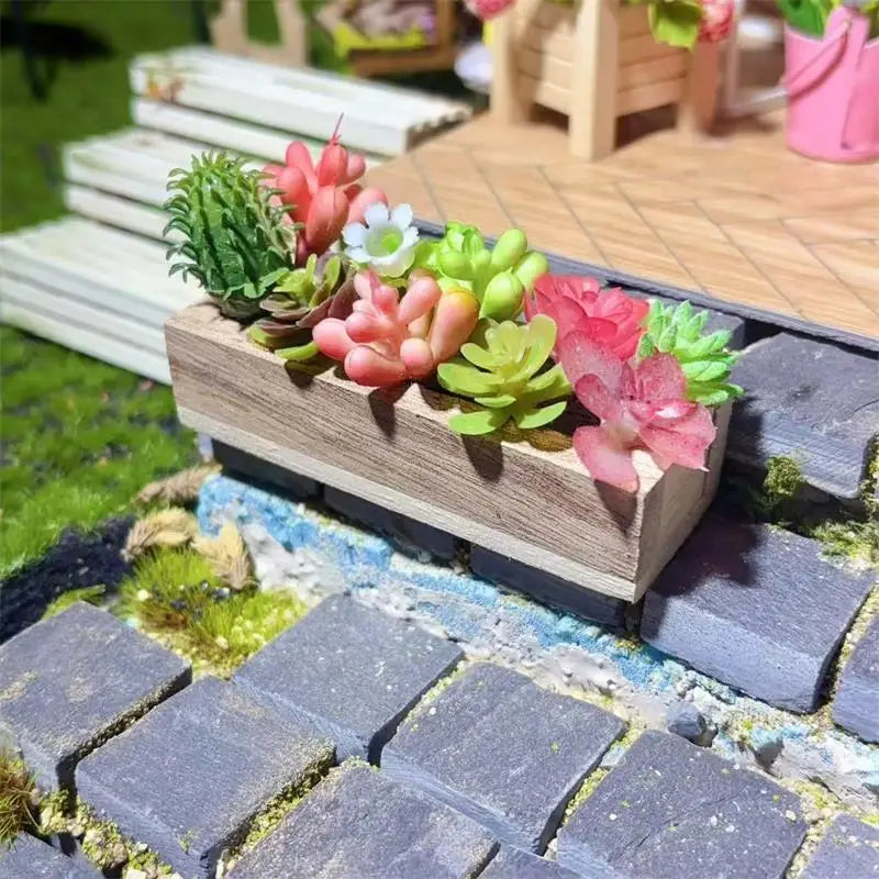 Miniature Wooden Trough Simulation Green Plants Model Dollhouse Mini Qme