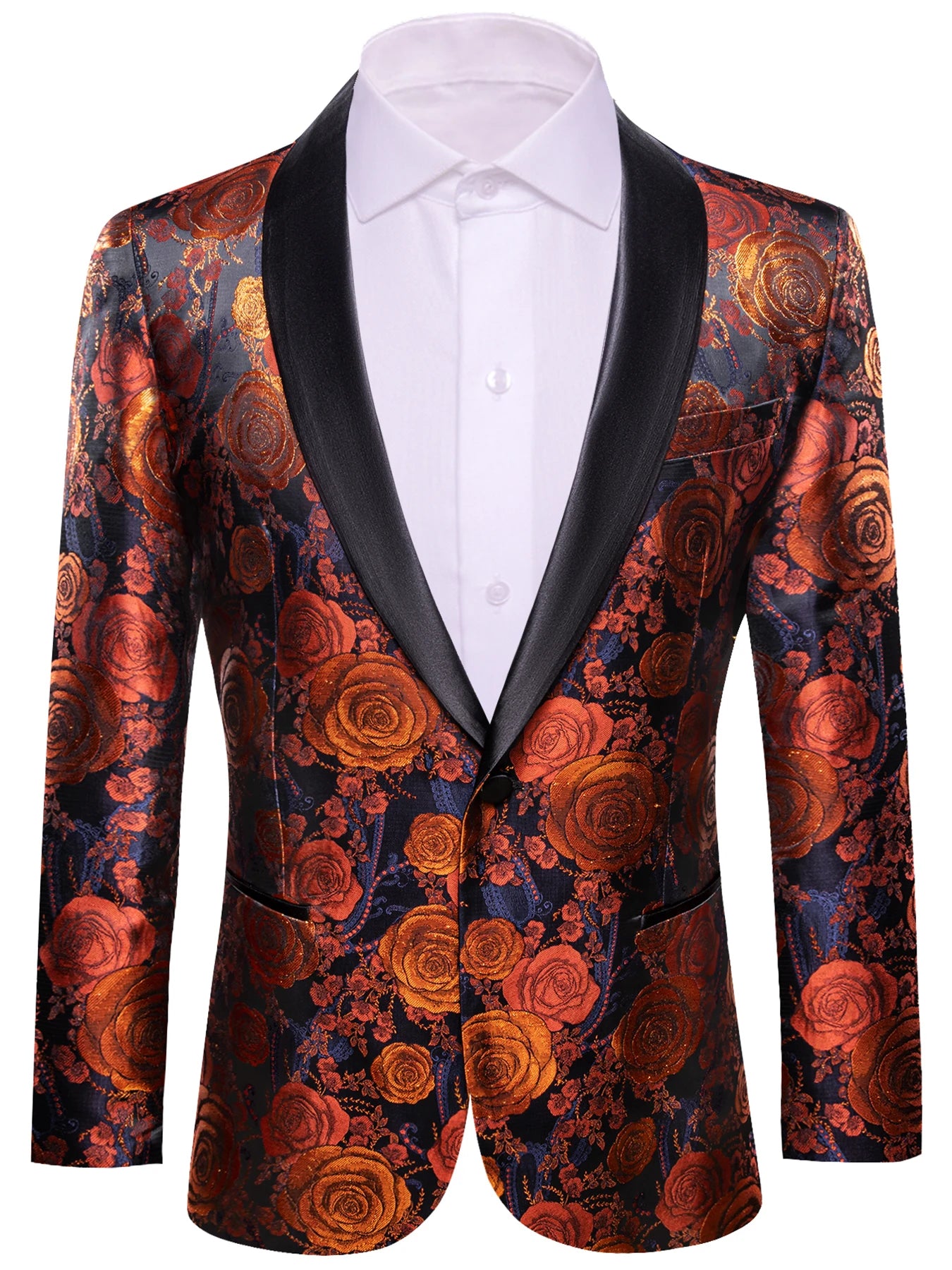 Vintage Men Floral Rose Shawl Lapel Blazer Luxury Jacquard Tuxedo Jacket Formal Suit Coat for Wedding Prom Groom Party Nightclub Qme XX-0028 S