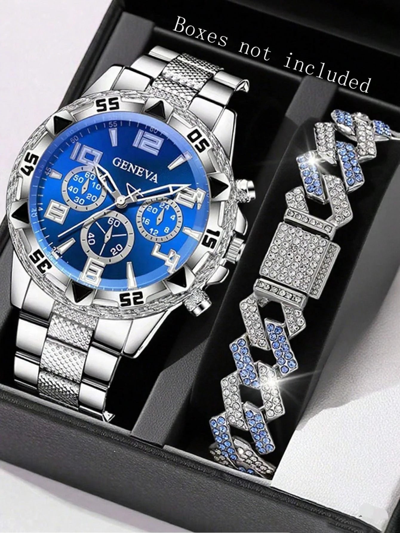 Casual Men's Quartz Watch And Diamond Embedded Cuban Bracelet Necklace Set for Daily Use Birthday Gift without Box Qme