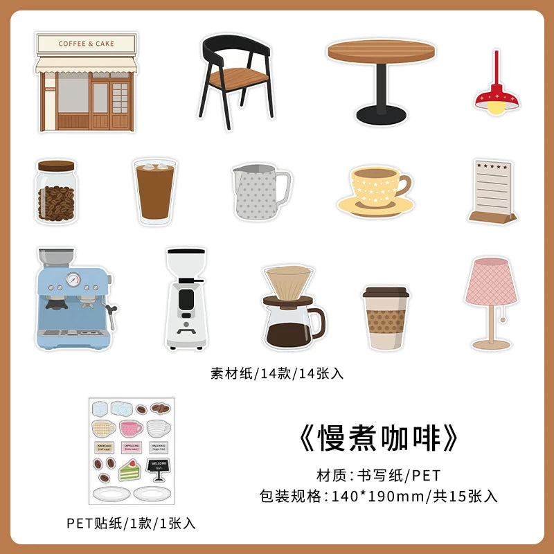 TIANZI 15/60pcs Tomorrow's Store Series Food and Coffee Material Pack DIY Scrapbook Handbook Aesthetic Stationery Supplies Qme B