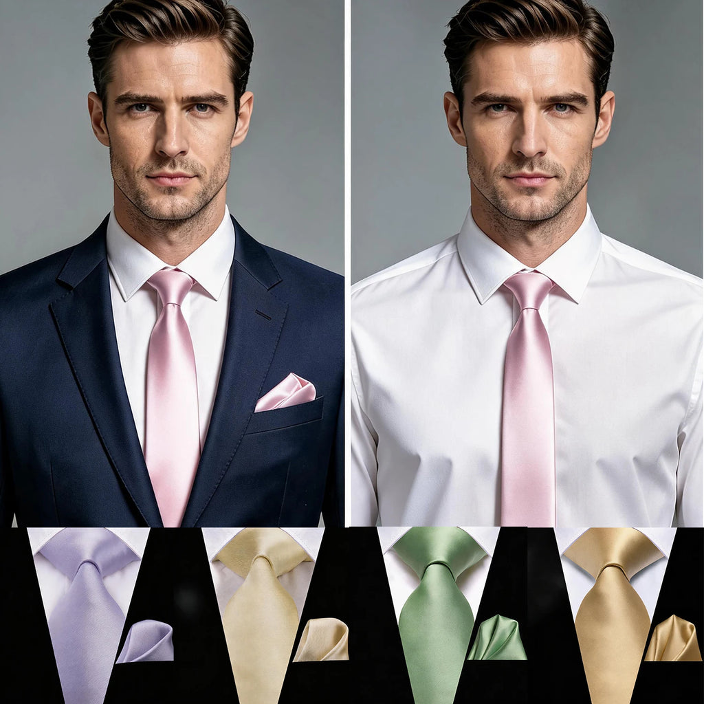 Men Solid Necktie Matching Pocket Square Two Pink Yellow Purple Green Qme