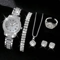 6pcs/set Women's Watch Luxury Rhinestone Quartz Watch Hiphop Fashion Analog Wrist Watch & Jewelry Set, Gift For Mom Her Qme Silver set