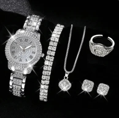 6pcs/set Women's Watch Luxury Rhinestone Quartz Watch Hiphop Fashion Analog Wrist Watch & Jewelry Set, Gift For Mom Her Qme Silver set