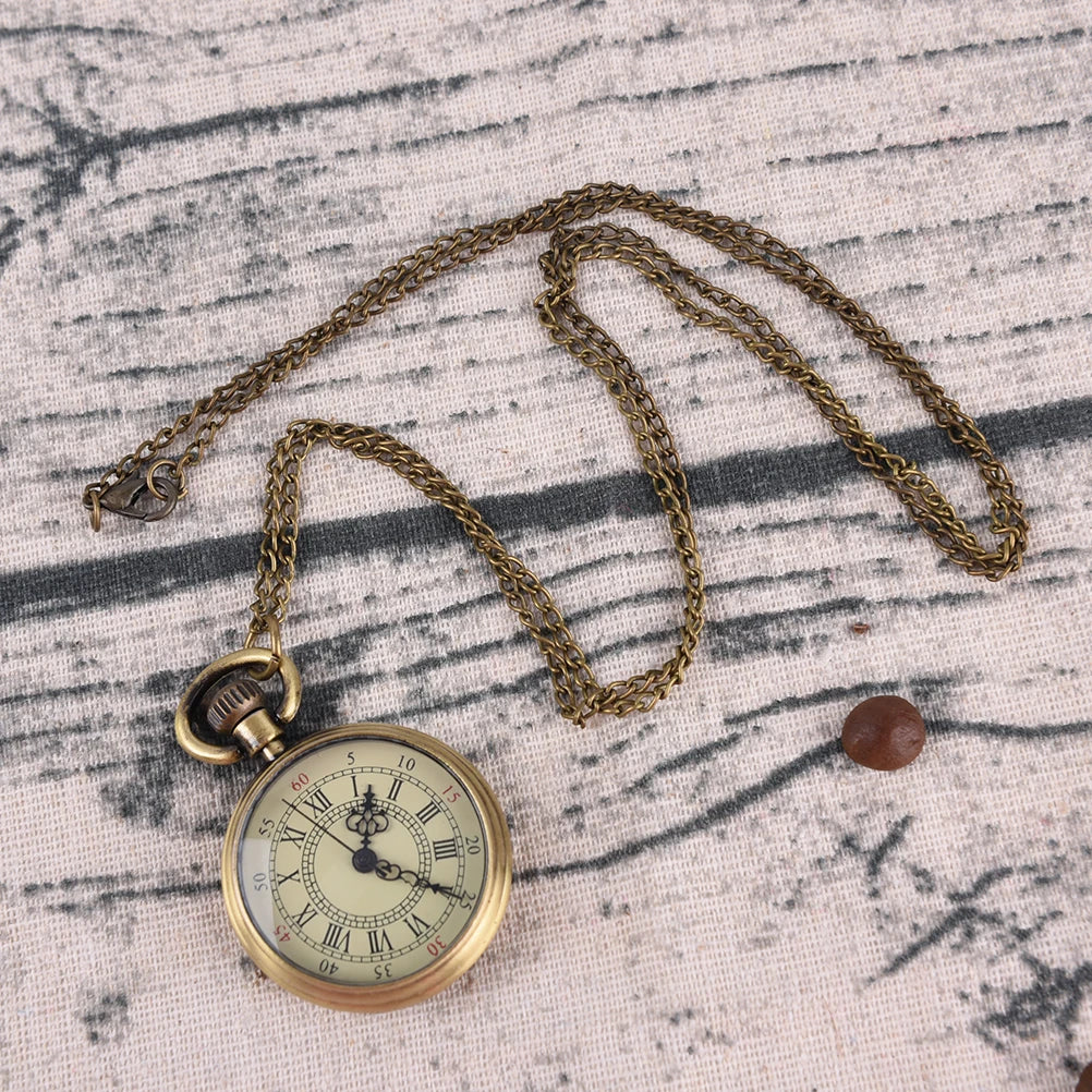Simple Vintage Style Steampunk Beige Dial Roman Numbers Small Pocket Watch Necklace Pendant Qme