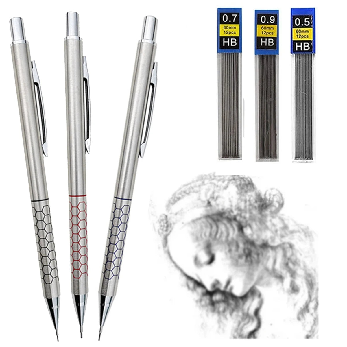 0.5 0.7 0.9mm Metal Mechanical Pencil with Eraser Set HB Lead Art Sketch Drawing Supplies Automatic Pencil Writing Stationery Qme