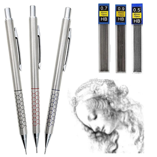 0.5 0.7 0.9mm Metal Mechanical Pencil with Eraser Set HB Lead Art Sketch Drawing Supplies Automatic Pencil Writing Stationery Qme