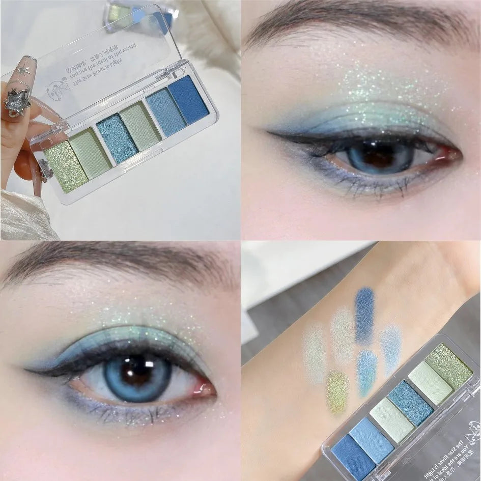 6Color Glitter Eyeshadow Strip Palette Brightening Waterproof Matte Gradient Blue-green Summer Lying Silkworm Eye Pigment Makeup Qme 01