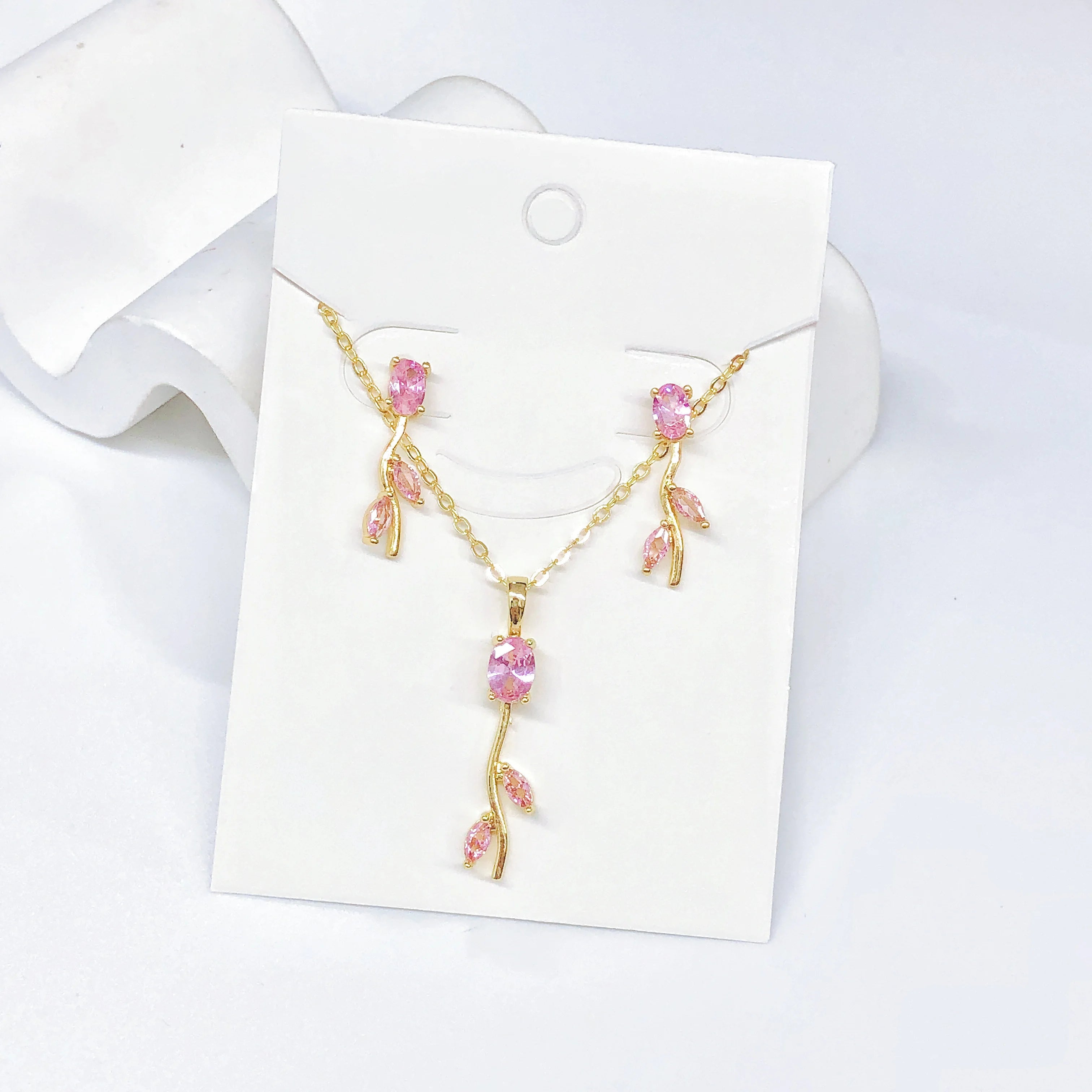 2PC Fashion Red/Green/Pink/Blue Rose Flower Crystal Necklace Earrings Jewelry Set for Women Romantic Wedding Bridal Jewelry Gift Qme Jewelry Set 3