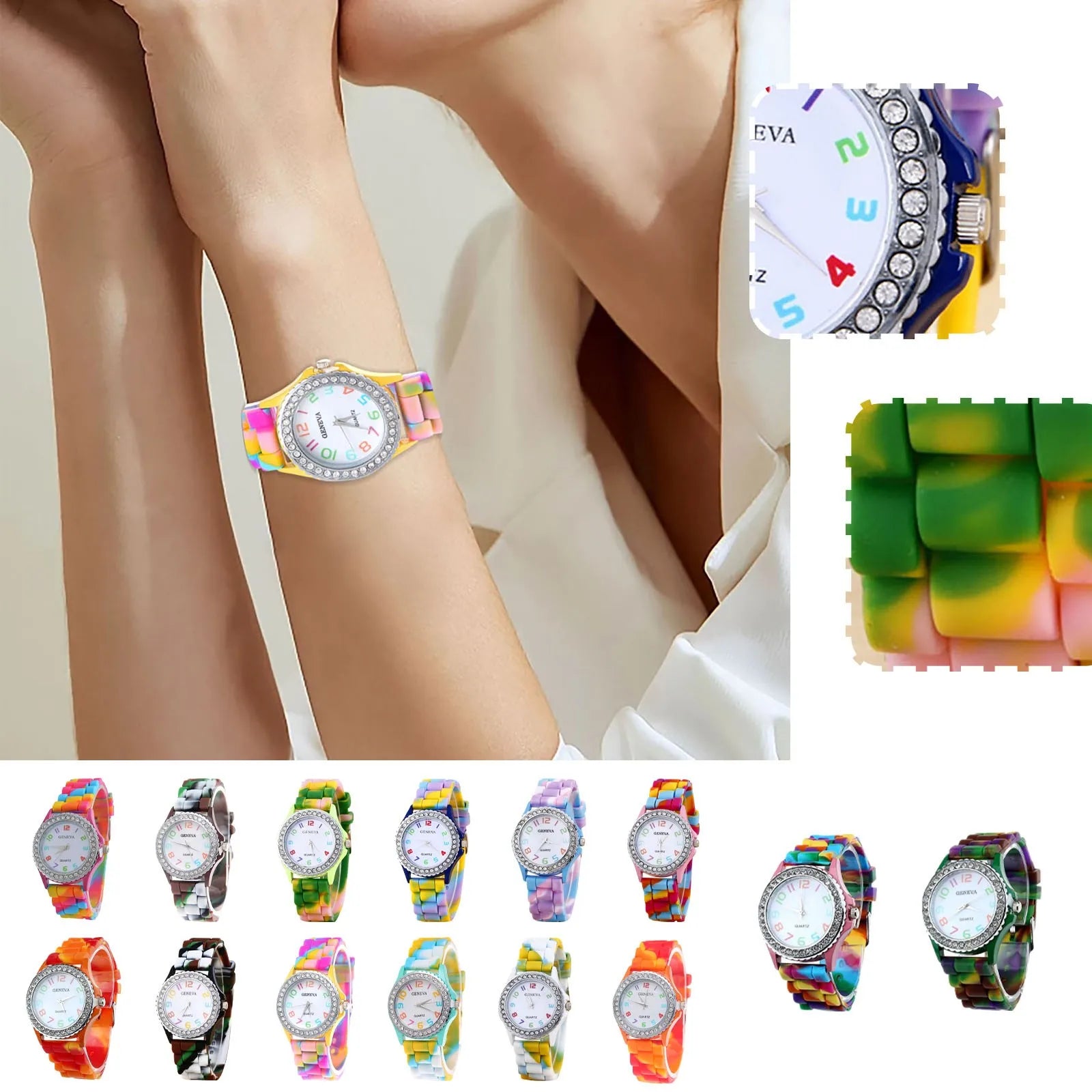 Girls’ Silicone Camouflage Watch Crystal Bling Quartz Wrist Watch Fashion And Cool Casual PU Strap Round Dial With Diamond Watch Qme