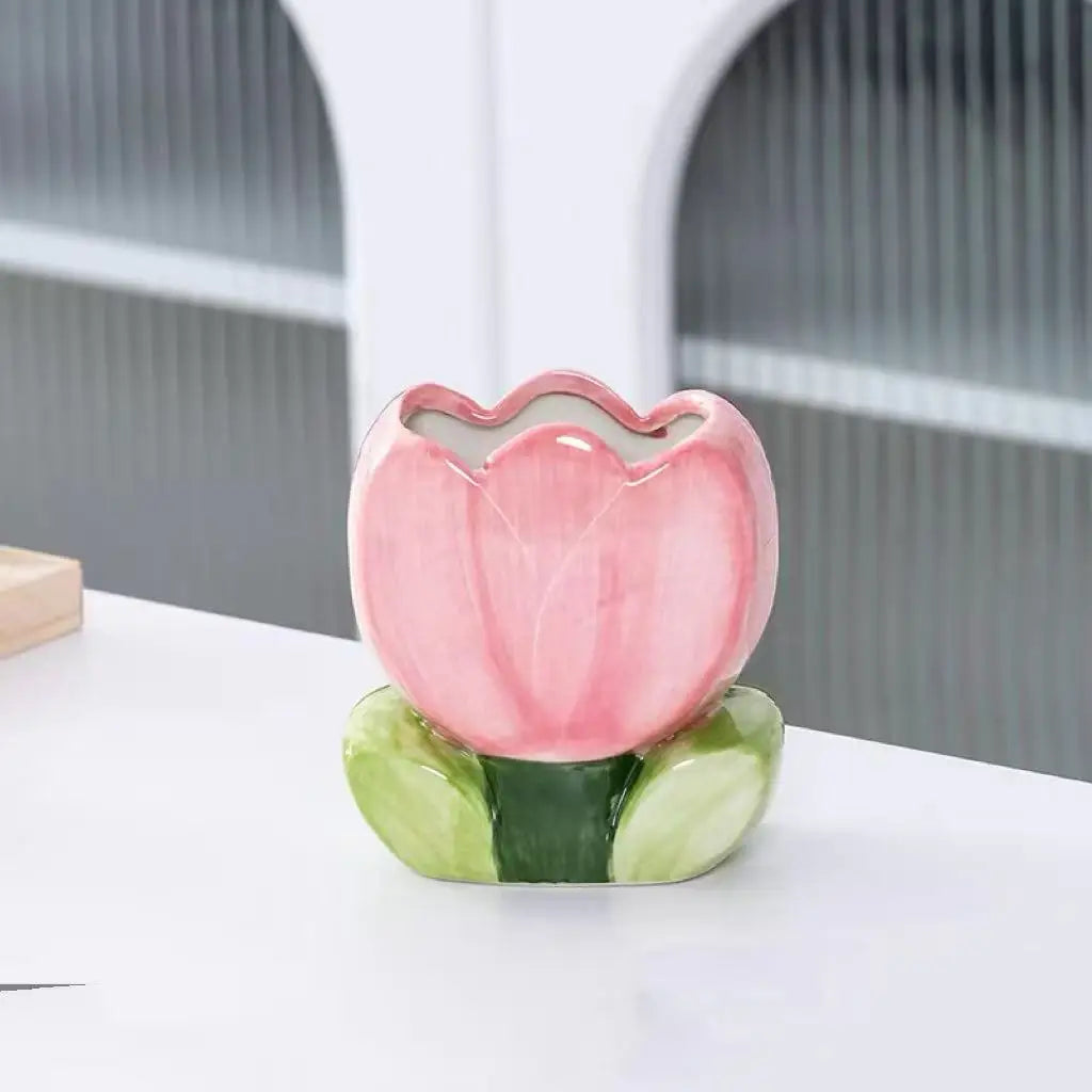 Artistic Tulip Ceramic Flower Pot Contemporary Simple Floral Vase Qme pink M