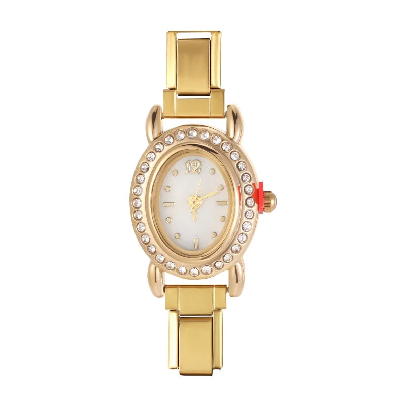 2025New Vintage High Quality Oval Inlaid Zircon Stainless Steel Watch Bracelet Women's 9MM DIY Italian Charm Bangle Jewelry Gift Qme Style 1