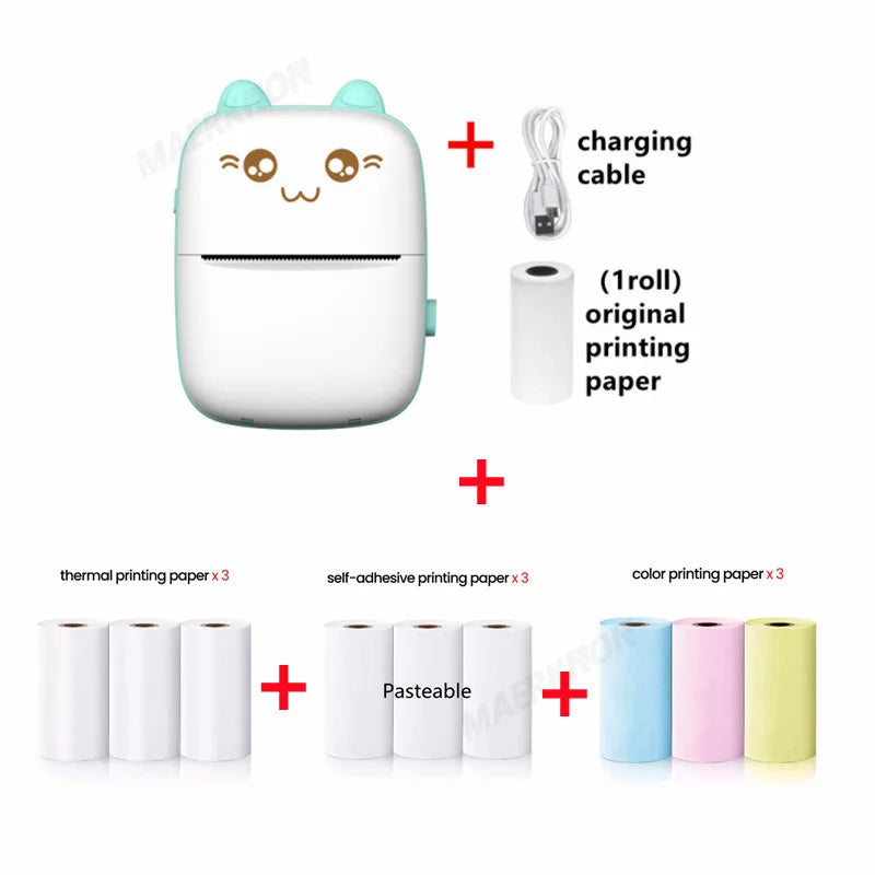 58mm Mini Portable Thermal Printer Wireless Bluetooth Mobile Pocket Photo Printer Memo Wrong Question HD Printing With USB Cable Qme Gree Printer 10Rolls