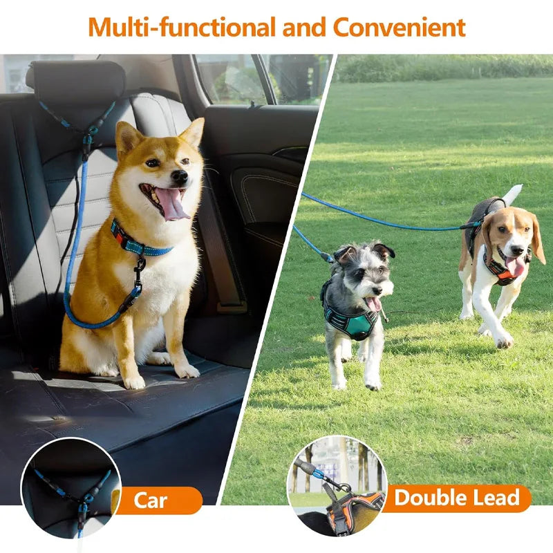 Nylon double ended dog leash with cushioned handle, 360 ° rotatable detachable pet leash, suitable for medium and large dogs Qme