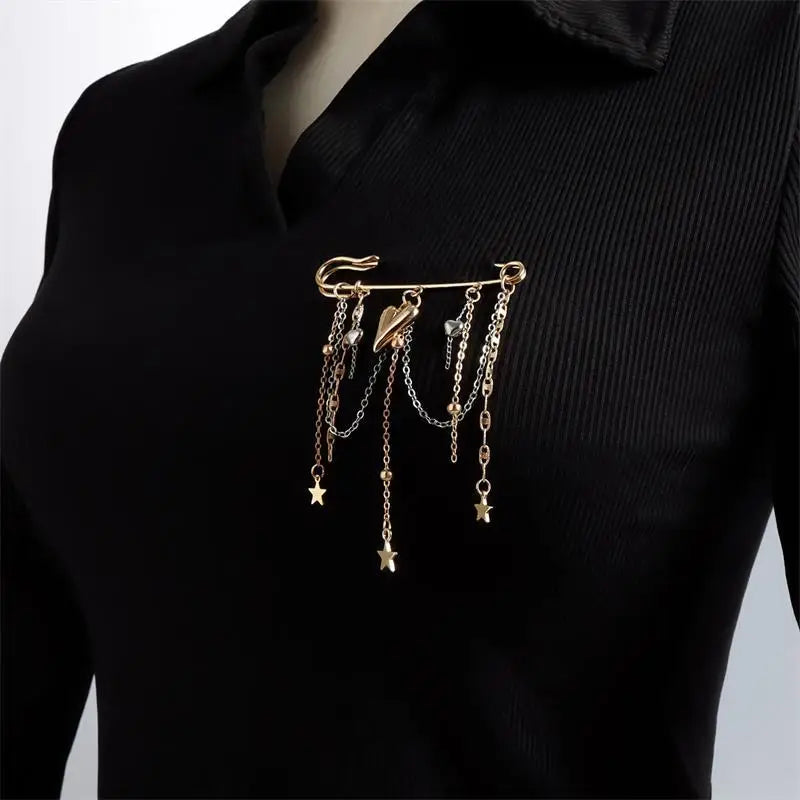 Jewelry Retro Star Love Pearl Chain Tassel Brooches Elegant Women Clothing Decor Accessories Bag Pendant Suit Pins Gift Qme