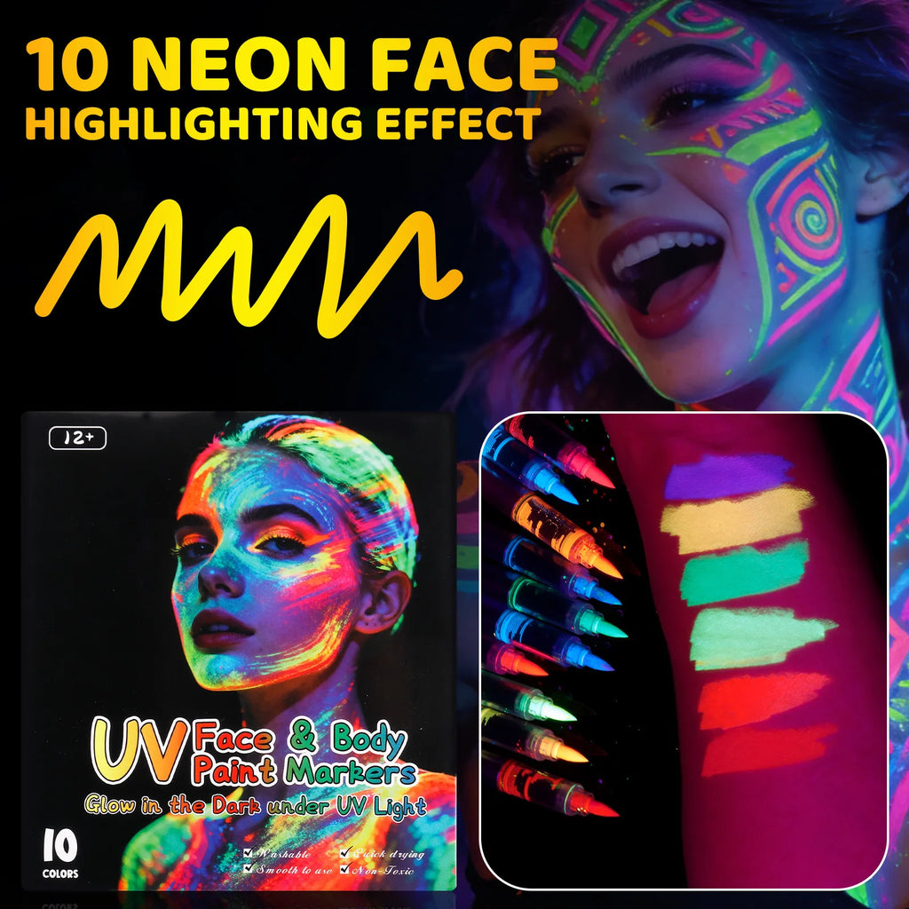 10 Colors UV Glow Face Body Paint Markers Neon Dark Under Black Light Qme