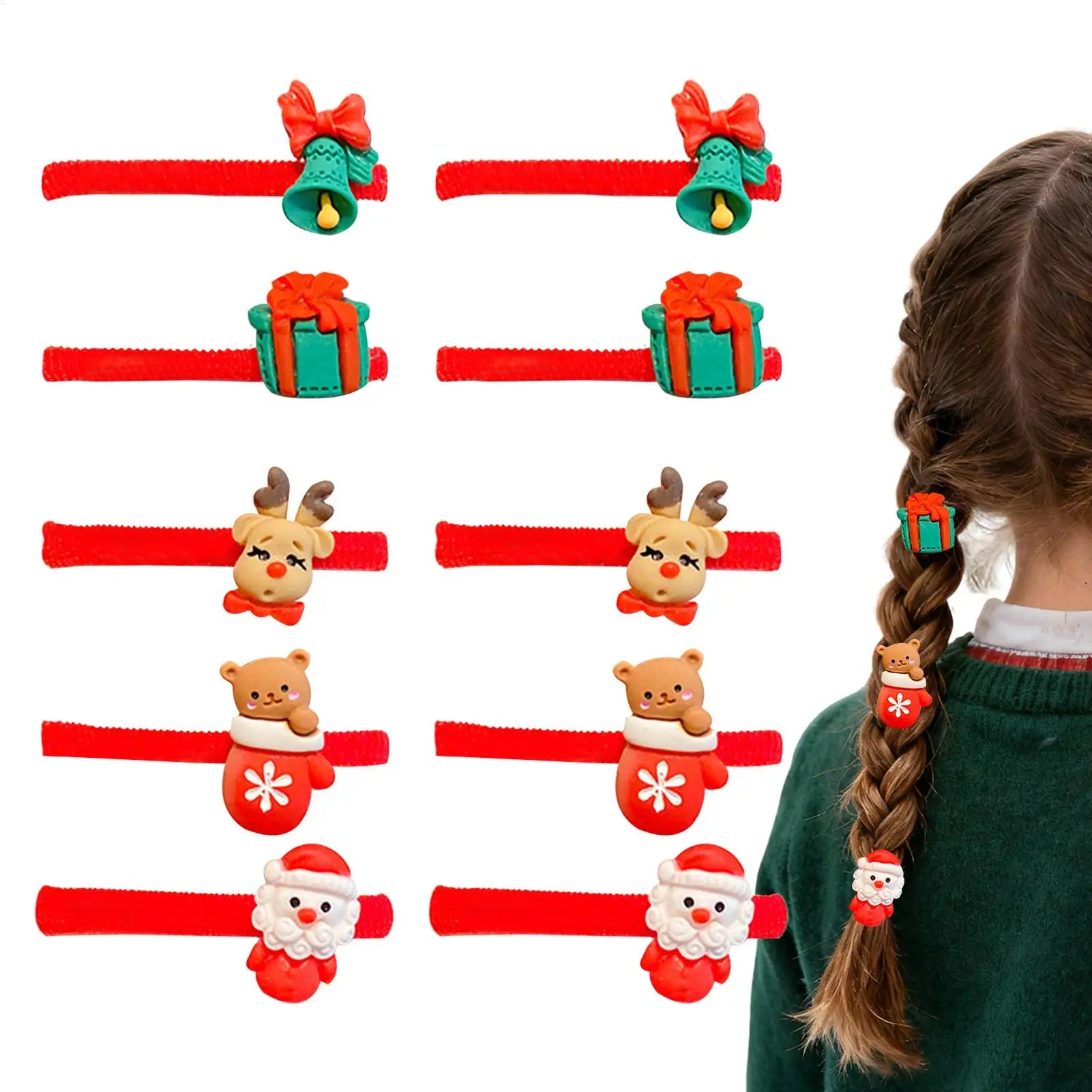 10PCS Christmas Hair Ties Cute Santa Elastic Bands Soft No Damage Ponytail Holders Santa Snowman Christmas Elastic Hair Bands Qme