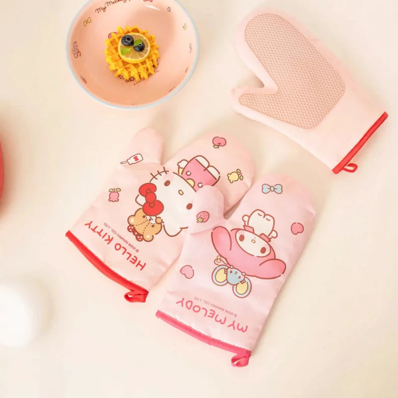 Hello Kitty Kuromi Silicone Gloves Thickened Gloves, Heat-Resistant for Household Use, Insulated Gloves Qme