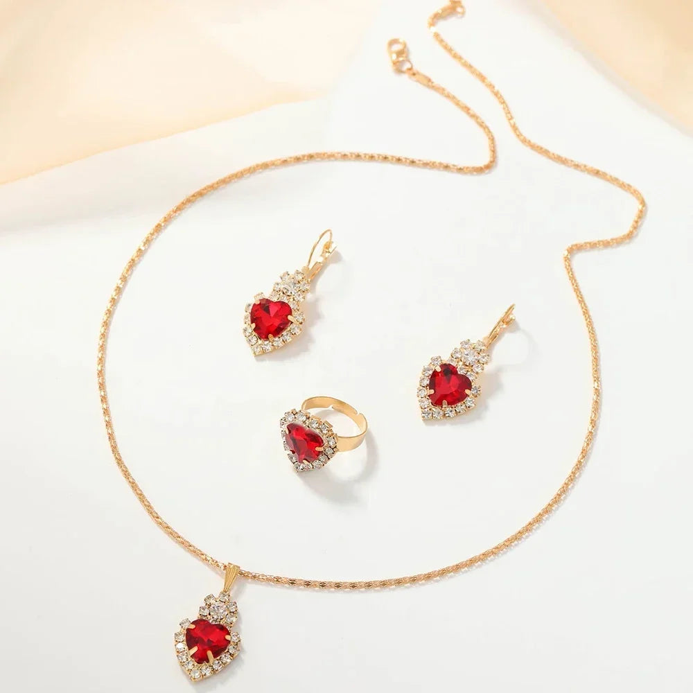 5Pcs Golden Luxury Watch Women Ring Necklace Earring Rhinestone Fashion Wristwatch Red Dial Casual Ladies Watches Jewelry Set Qme