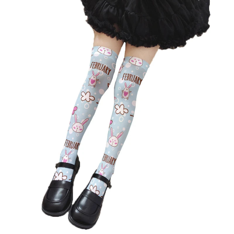 Cartoon Bear Rabbit Pattern 3D Printing Ladies Stockings Kawaii Sweet Qme style2 One Size