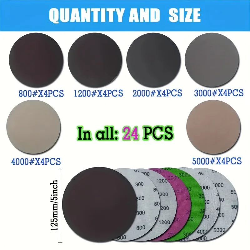 24pcs 125mm Wet/Dry Sanding Discs - Grit 800-5000 - Hook & Loop Flocking Orbital Sanding Pad Set For Electric Grinder Accessory Qme