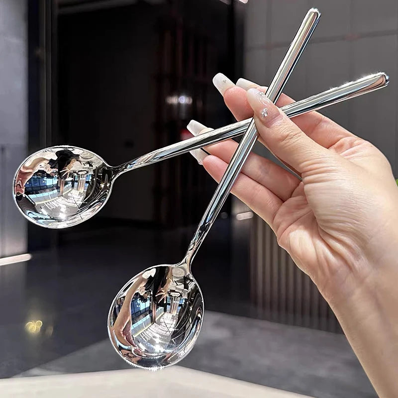 Long Handle Tableware Thicken Stirring Ice Spoon Meal Stainless Steel Qme