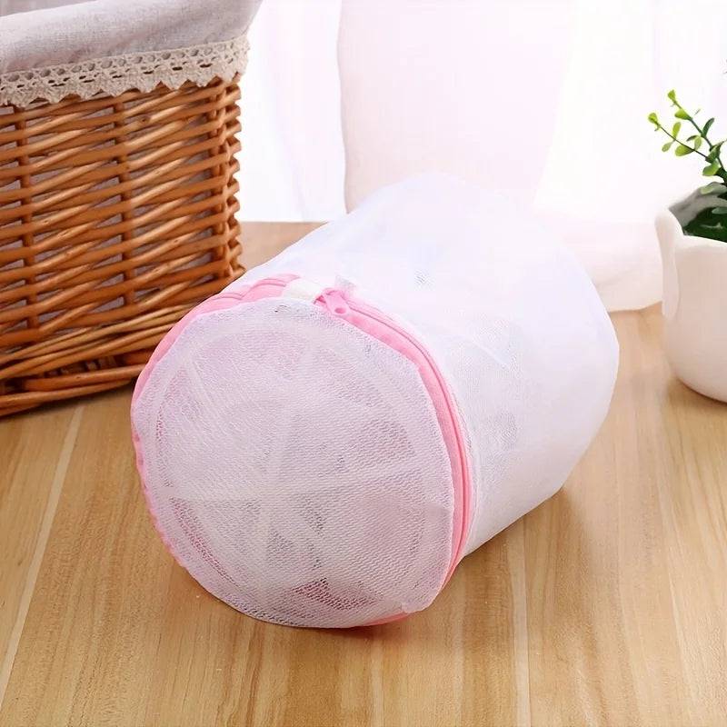 Laundry Bra Washing Bag - Mesh Design, Foldable Oval, with Pink Zipper Closure, Exquisite Storage Bag, Suitable for Travel, Qme