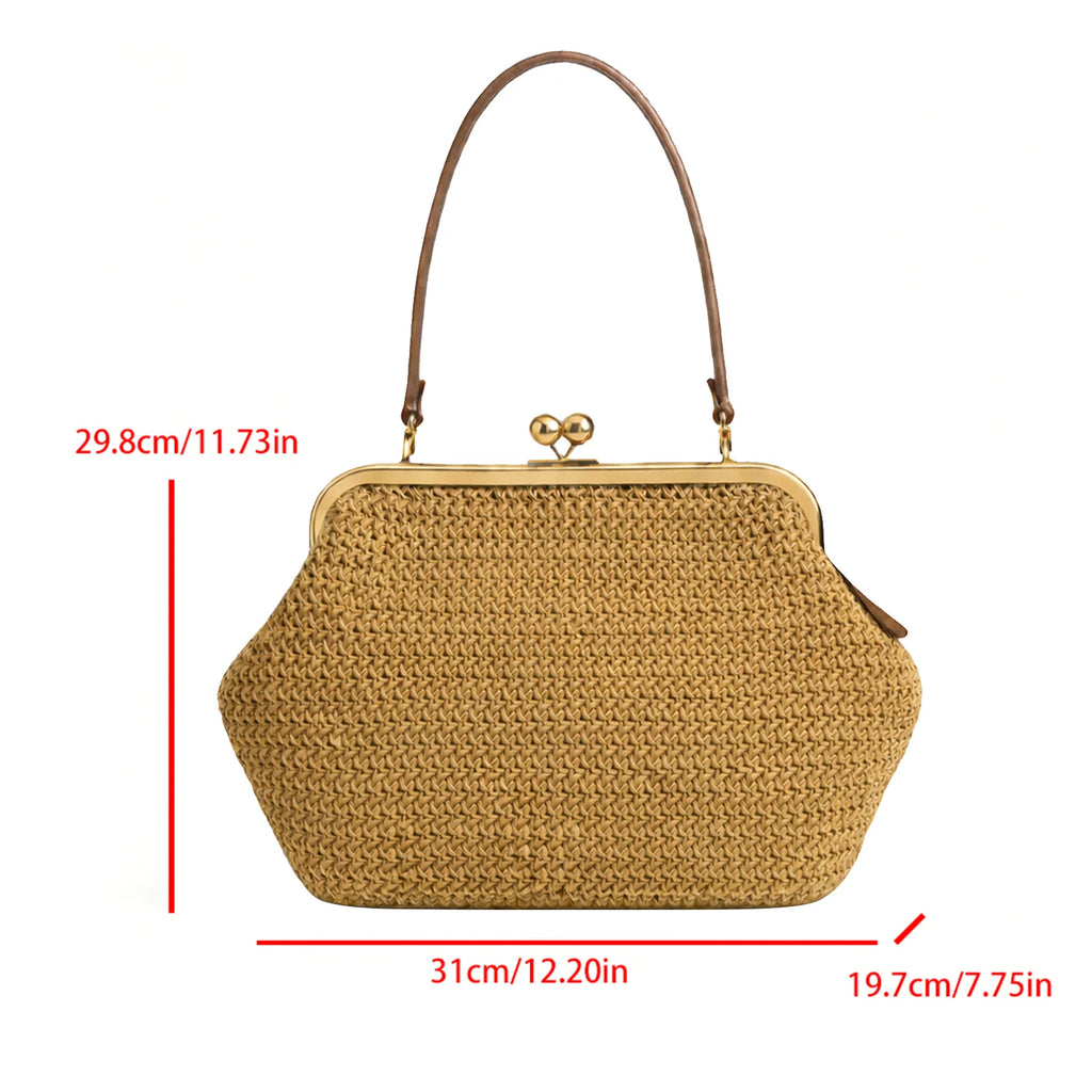 Straw Purses and Striped Handbags Boho Beach Tote Purse Woven Straw Clutch Large Capacity Kiss Clasp Shoulder Bag for Women Qme