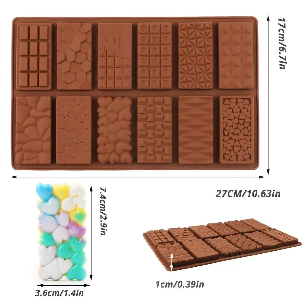 12-Cavity 3D Silicone Chocolate Bar Mold Essential Bakeware Baking Qme