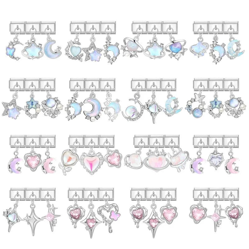 2026 3PCS Beautiful Blue Moon Heart Starfish Italian Charms Link 9mm Modular Bracelet Stainless Steel DIY Gift Jewelry Wholesale Qme