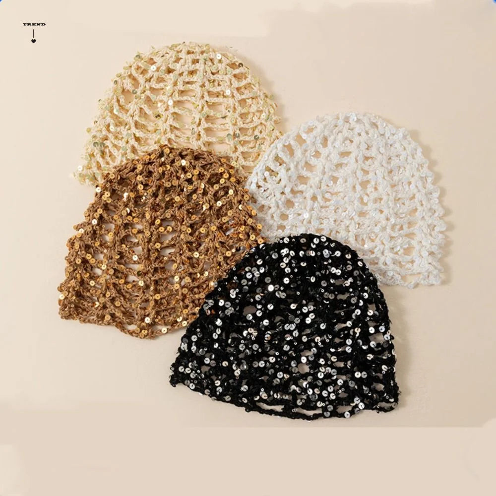 Retro Elegant Hollowed Out Knitted Hat Thin Solid Crochet Sequined Qme