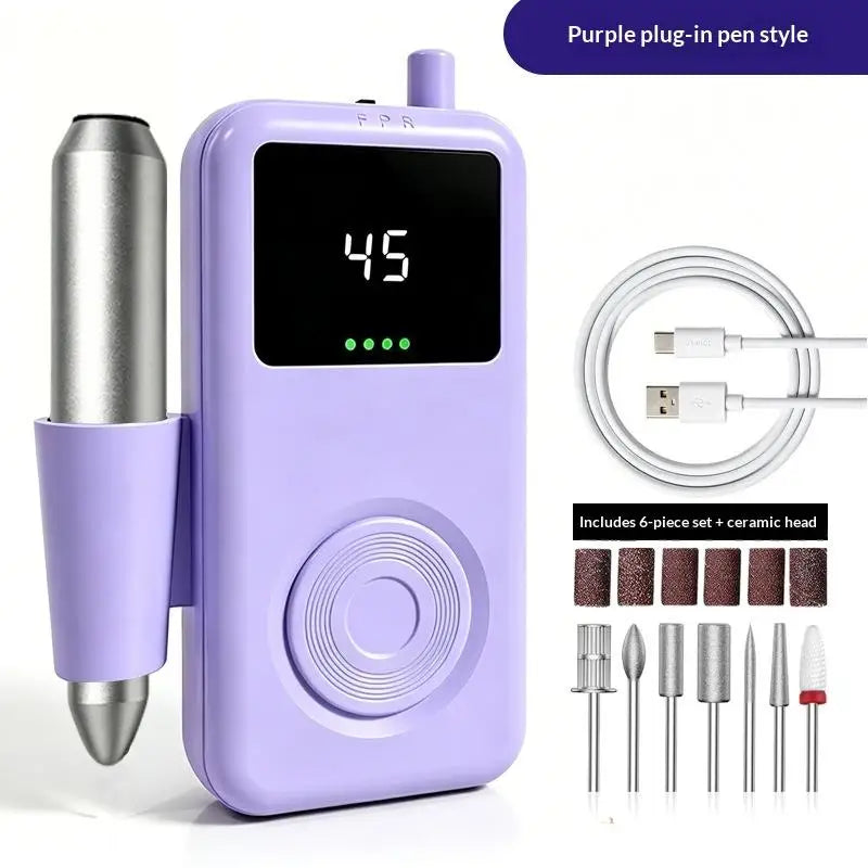 Low Noise Electric Portable Nail Drill Machine Rechargeable Sander Qme 6Pcs Purple 100V-127V US Plug