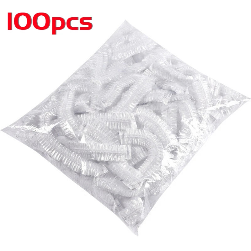 100pcs/set Disposable Shower Caps Plastic Waterproof Headgear Pink Spa Salon Hotel Hair Dye Women Elastic hair Cap Bathroom Qme 100pcs-white