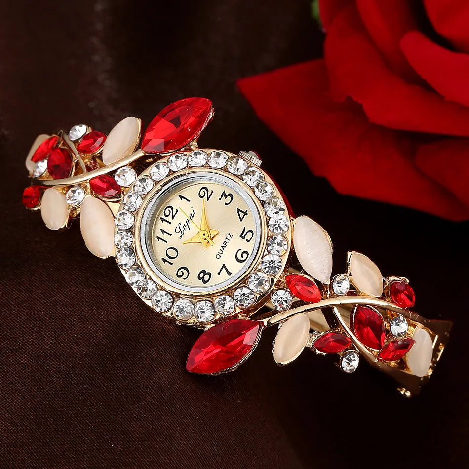 Girls’ Flower Alloy Band Beautiful Exquisite Stainless Stain No Waterproof Quartz Watch Fashion And Casual Luxury Bracelet Watch Qme Red No