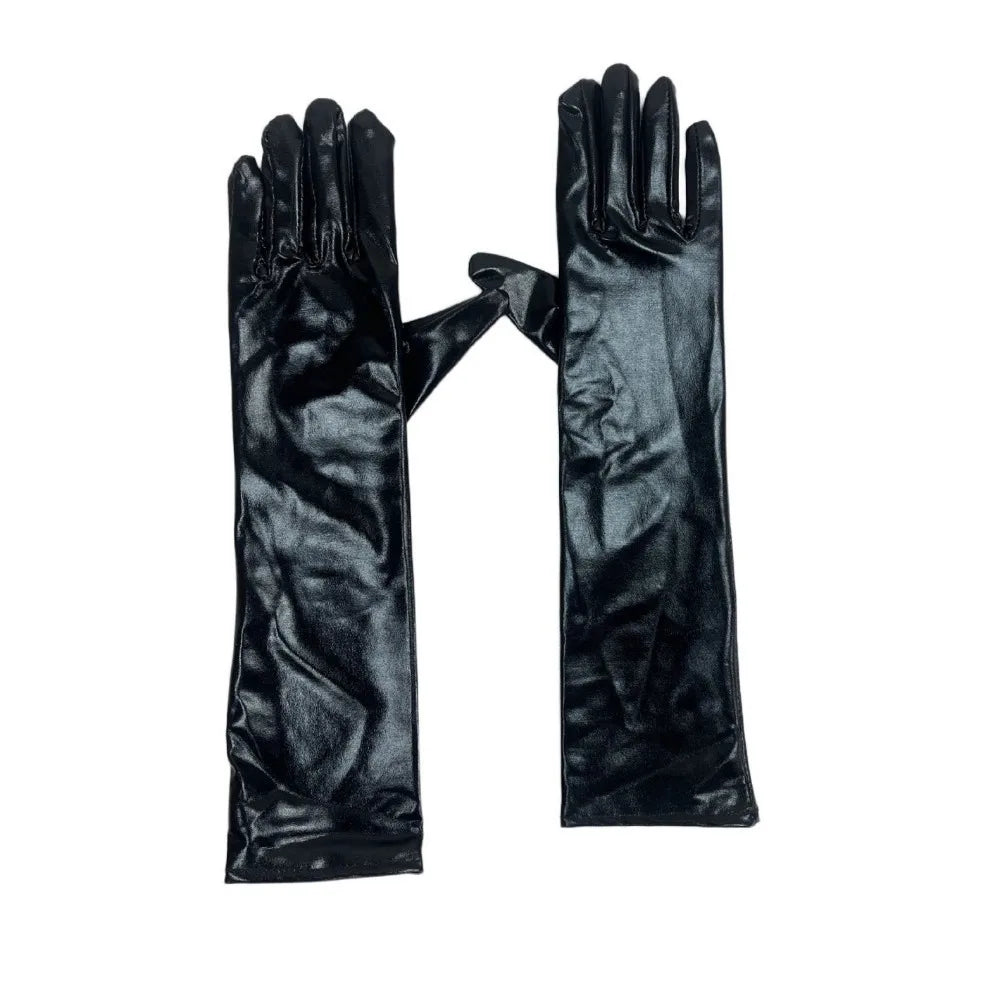 Simple Solid Color Patent Leather Gloves Elastic Shiny Long Gloves Sun Protection Lolita Women Mittens Halloween Cosplay Qme Black