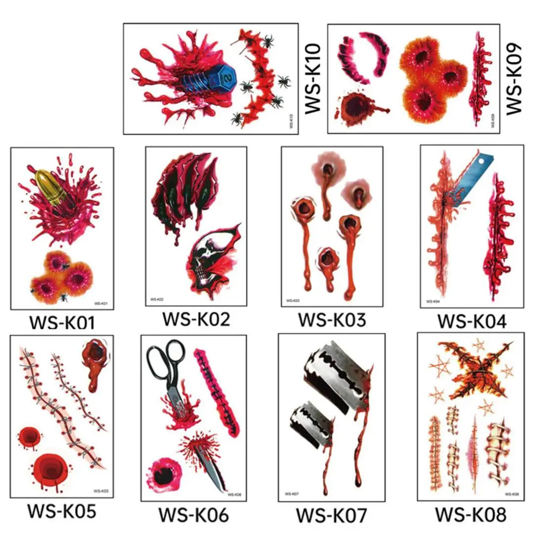 A 10pcs Waterproof Halloween Tattoo Stickers Bleeding Wound Scar Temporary Tattoos for Women Men Fake Tattoo For Halloween Party Qme 10pcs WS-K01K10