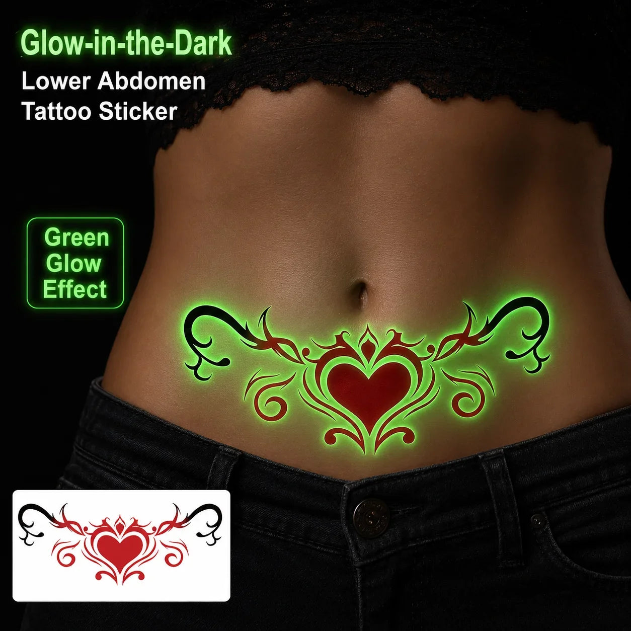 Disposable Tattoo Sticker Temporary Tattoo Glow in the Dark Tattoo Sticker, Red Heart Scroll Belly Art Qme