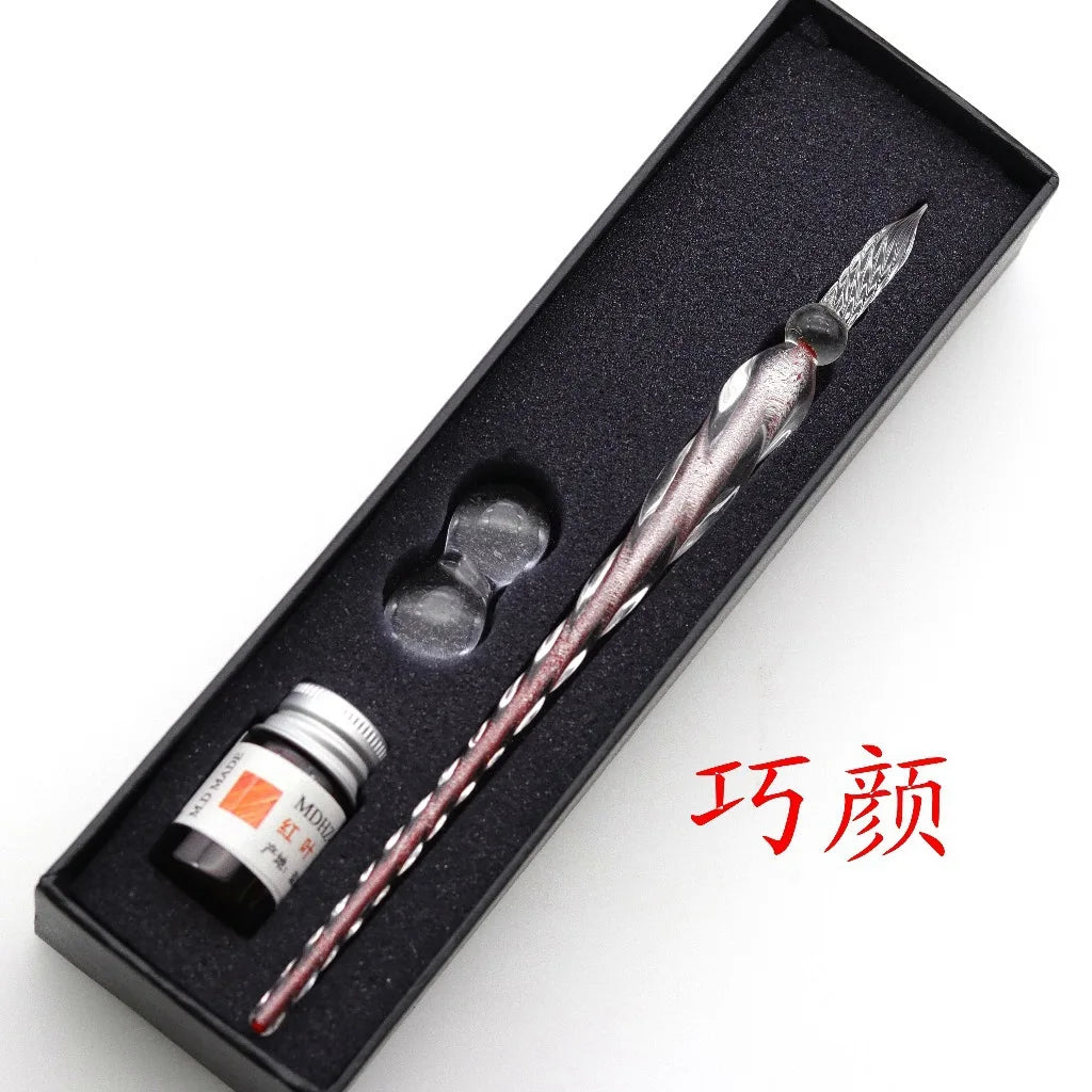Crystal Glass Dipping Pen Box Colorful Gold Powder Ink Signature Qme B
