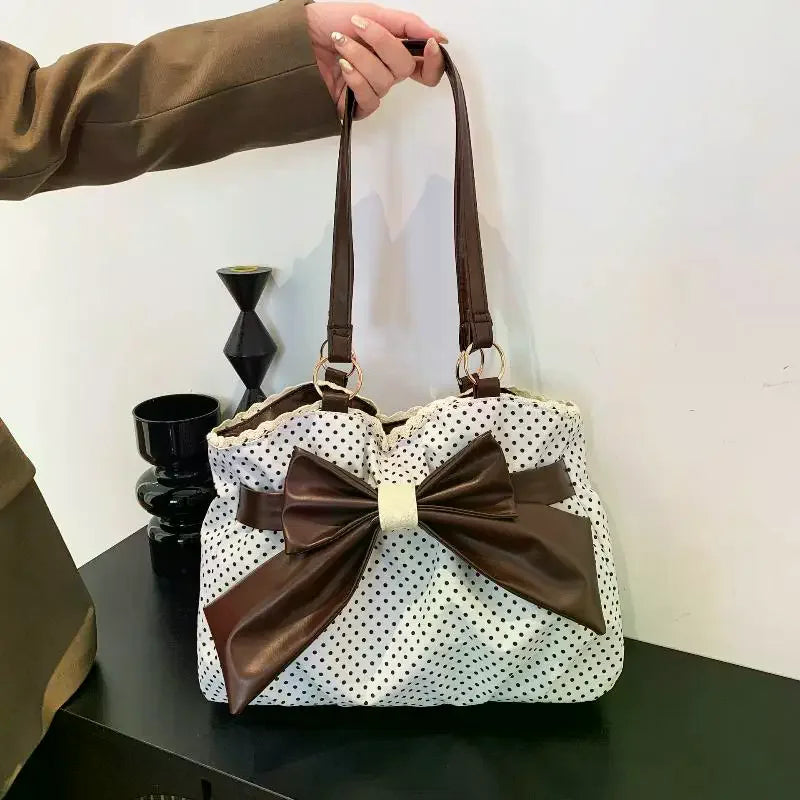 Trendy Vintage Women's Bow Handbag Y2K Casual Chic Shoulder Bag - Aesthetic Dot Underarm Streetwear All Match Lady Purse Qme