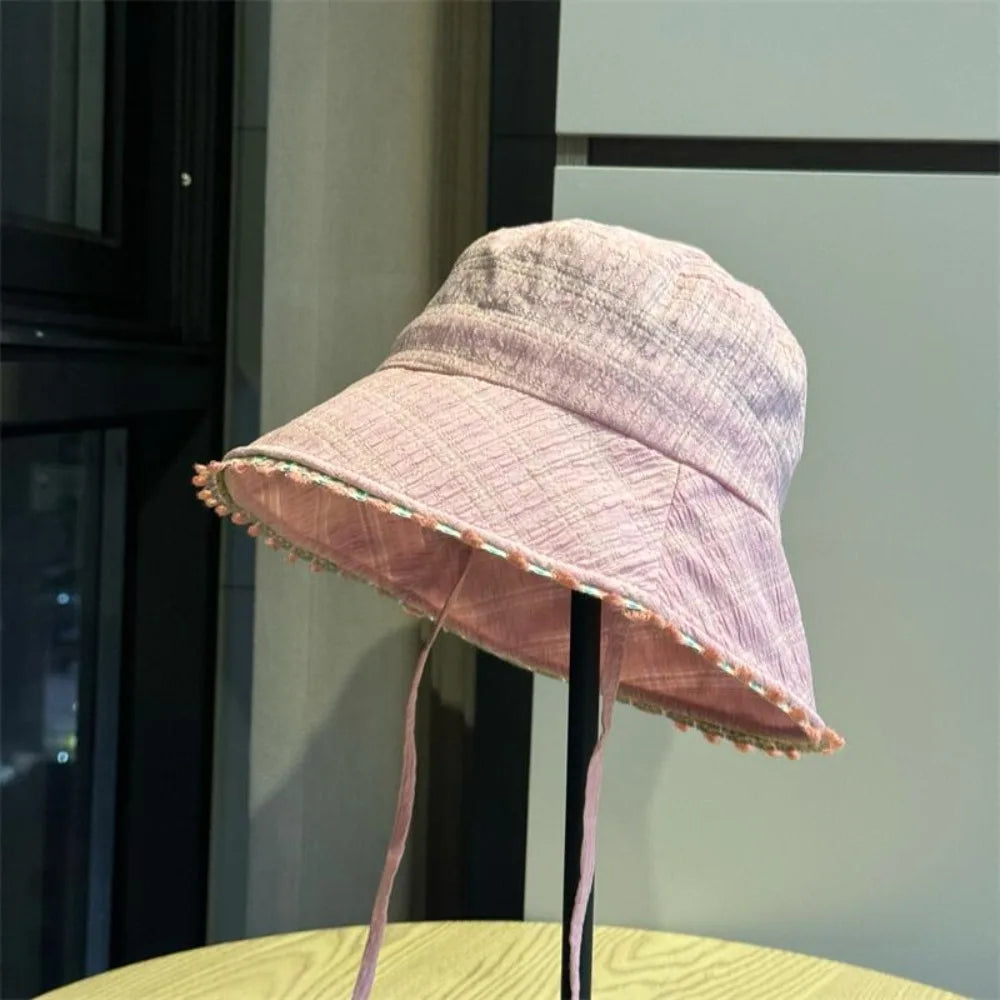 Fashion Lace Up Women Fisherman Hat Plaid Solid Color Summer Sun Hat Sun Protection Breathable Lace Flower Bucket Hat Camping Qme Pink